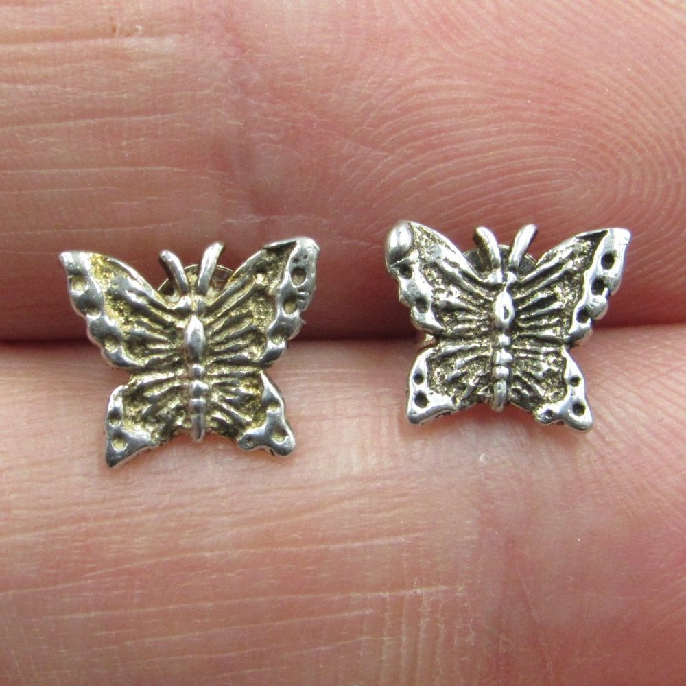 Sterling Tiny Butterfly Rustic Stud Earrings - image 1